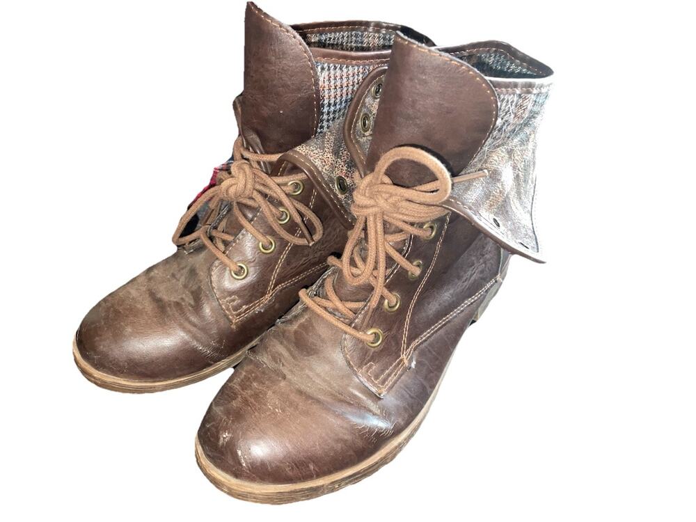 Rock & Candy Brown Plaid Fold-Over Lace-Up Combat Boots for Women Sz 7